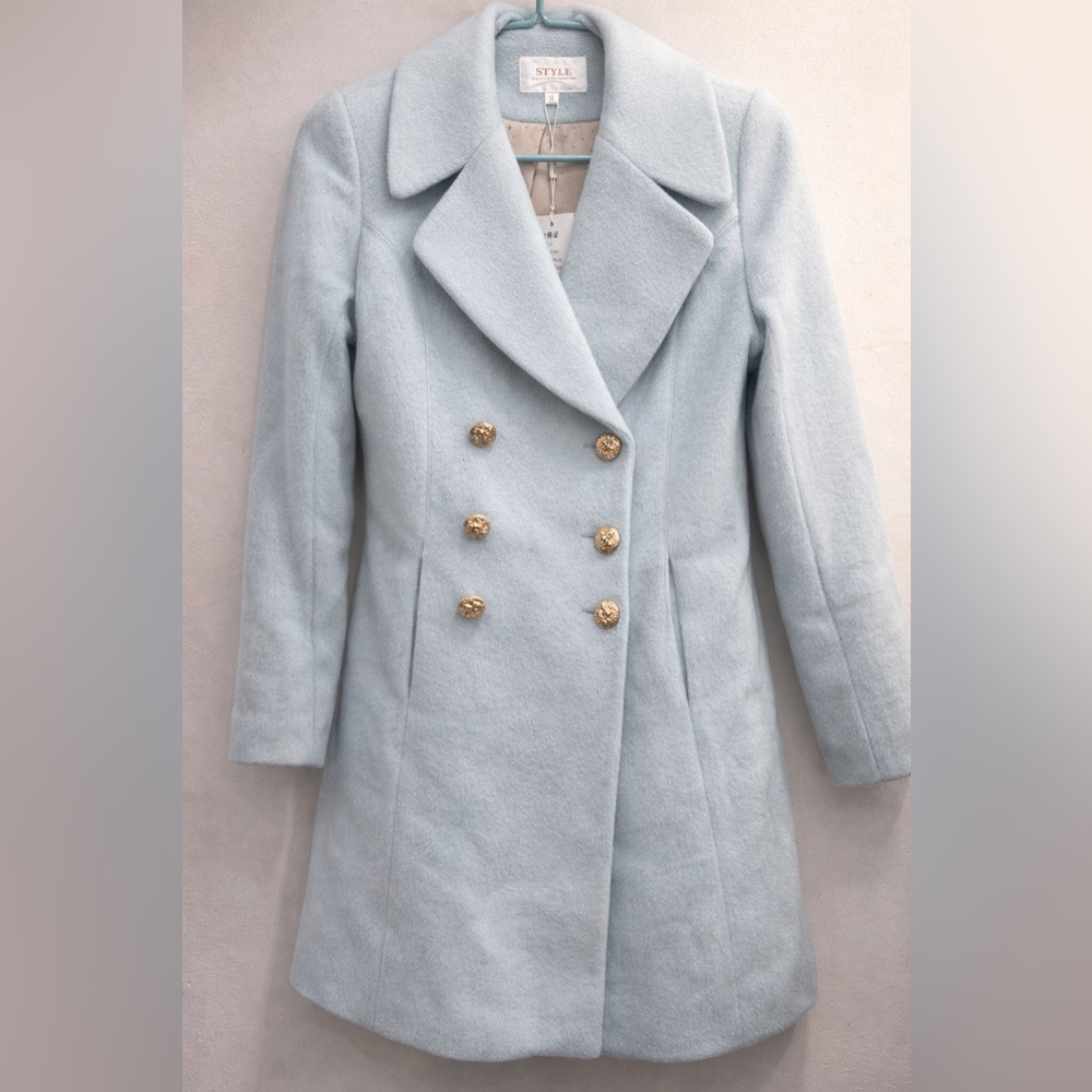80%cashmere NWT Baby Blue Coat Double Breasted Tailored Jacket Korea Design